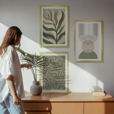 Kompozycja obrazów na ścianę liście o geometrycznych kształtach