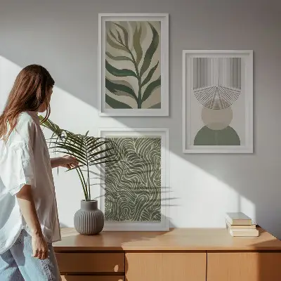 Kompozycja obrazów na ścianę liście o geometrycznych kształtach