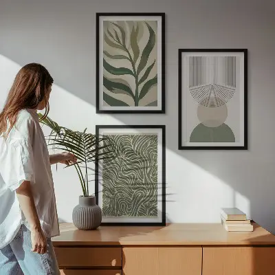 Kompozycja obrazów na ścianę liście o geometrycznych kształtach