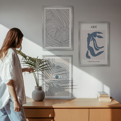 Zestaw 3 obrazów do salonu Abstrakcyjne linie niebieskie