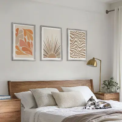 Zestaw 3 obrazów do salonu słońce w stylu boho w pastelowych kształtach