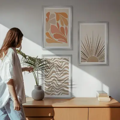 Zestaw 3 obrazów do salonu słońce w stylu boho w pastelowych kształtach