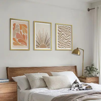 Zestaw 3 obrazów do salonu słońce w stylu boho w pastelowych kształtach