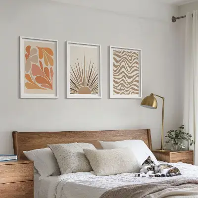 Zestaw 3 obrazów do salonu słońce w stylu boho w pastelowych kształtach
