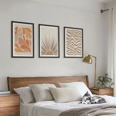 Zestaw 3 obrazów do salonu słońce w stylu boho w pastelowych kształtach
