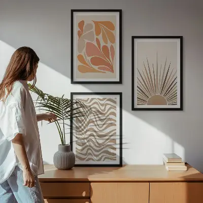Zestaw 3 obrazów do salonu słońce w stylu boho w pastelowych kształtach