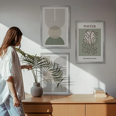 Zestaw 3 obrazów do salonu geometryczne botaniczne wzory