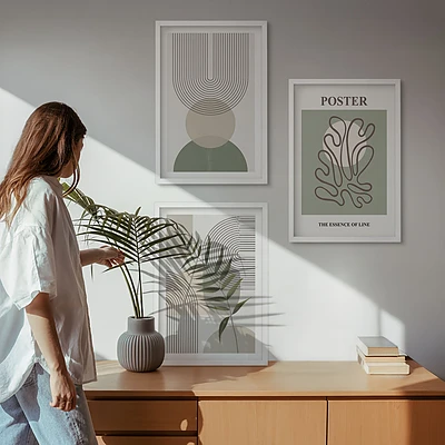 Zestaw 3 obrazów do salonu geometryczne botaniczne wzory