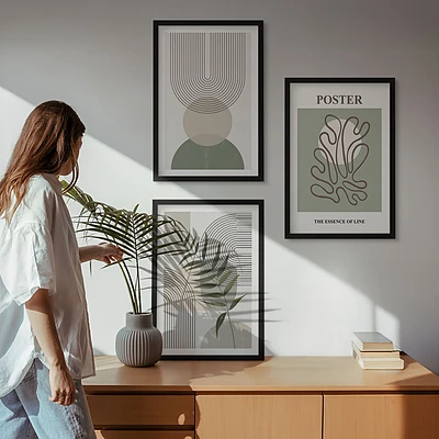 Zestaw 3 obrazów do salonu geometryczne botaniczne wzory
