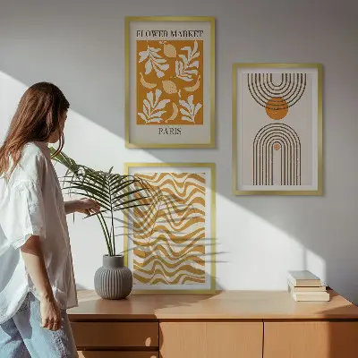Zestaw obrazów do salonu z geometrycznymi wzorami roślinnymi