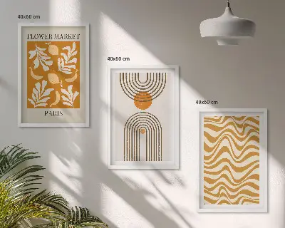 Zestaw obrazów do salonu z geometrycznymi wzorami roślinnymi