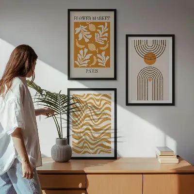 Zestaw obrazów do salonu z geometrycznymi wzorami roślinnymi