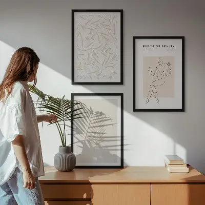 Zestaw 3 obrazów do salonu z motywami minimalistycznymi botanicznymi