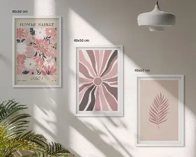Zestaw 3 obrazów do salonu z motywem kwiatowych wzorów liści i geometrii