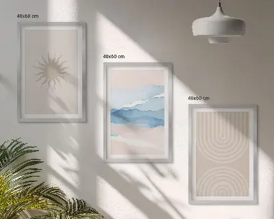 Zestaw obrazów do salonu z abstrakcyjnymi liniami słońca i fal w pastelowych barwach