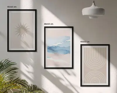 Zestaw obrazów do salonu z abstrakcyjnymi liniami słońca i fal w pastelowych barwach