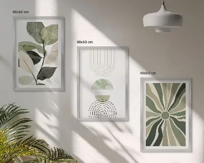 Zestaw obrazów do salonu roślinne motywy w geometrycznym stylu i zielonej kolorystyce