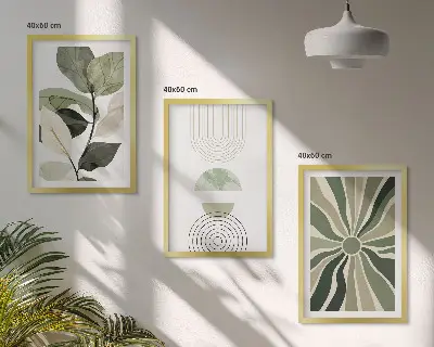 Zestaw obrazów do salonu roślinne motywy w geometrycznym stylu i zielonej kolorystyce