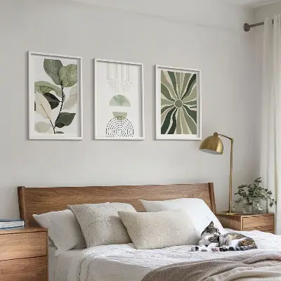 Zestaw obrazów do salonu roślinne motywy w geometrycznym stylu i zielonej kolorystyce