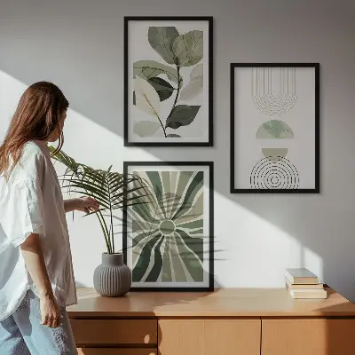Zestaw obrazów do salonu roślinne motywy w geometrycznym stylu i zielonej kolorystyce