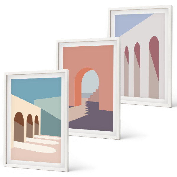 Kompozycja obrazów na ścianę Pastelowe grafiki architektury