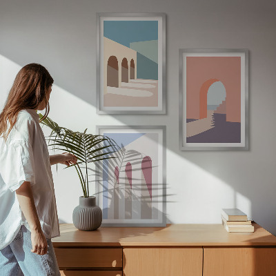 Kompozycja obrazów na ścianę Pastelowe grafiki architektury