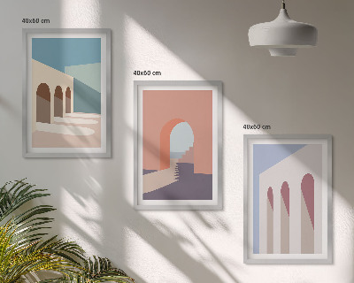 Kompozycja obrazów na ścianę Pastelowe grafiki architektury