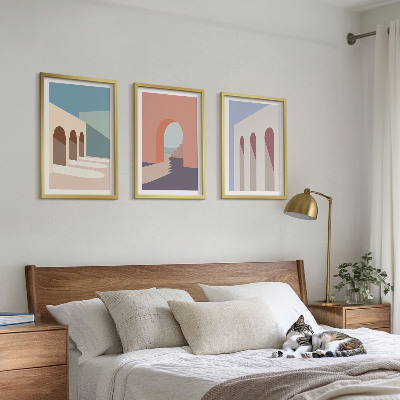 Kompozycja obrazów na ścianę Pastelowe grafiki architektury