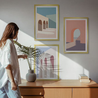 Kompozycja obrazów na ścianę Pastelowe grafiki architektury