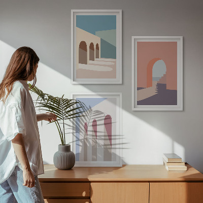 Kompozycja obrazów na ścianę Pastelowe grafiki architektury