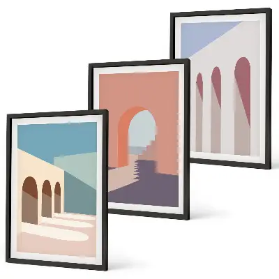 Kompozycja obrazów na ścianę z pastelowymi grafikami architektury