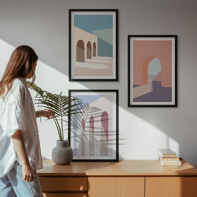 Kompozycja obrazów na ścianę Pastelowe grafiki architektury