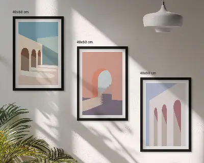 Kompozycja obrazów na ścianę z pastelowymi grafikami architektury