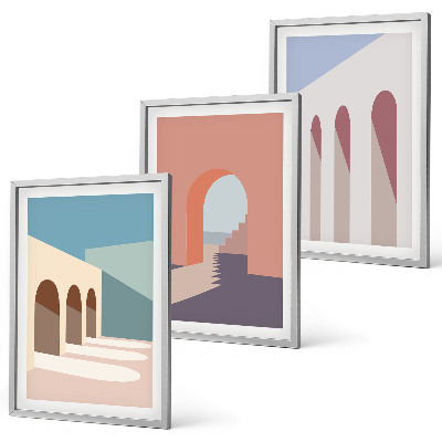 Kompozycja obrazów na ścianę Pastelowe grafiki architektury