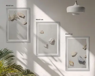 Kompozycja obrazów na ścianę z motywem kamieni na plaży w stylu boho
