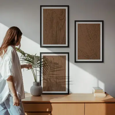 Zestaw 3 obrazów do salonu z motywem minimalistycznej tekstury kory drzewa