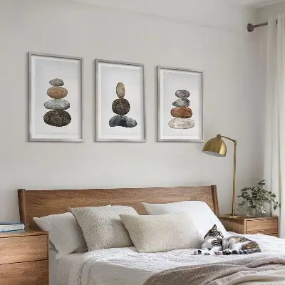 Kompozycja obrazów na ścianę minimalistyczne kamienie w stylu boho