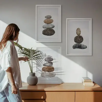 Kompozycja obrazów na ścianę minimalistyczne kamienie w stylu boho