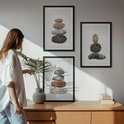 Kompozycja obrazów na ścianę minimalistyczne kamienie w stylu boho