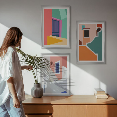 Zestaw obrazów do salonu Kolorowe ilustracje budynków
