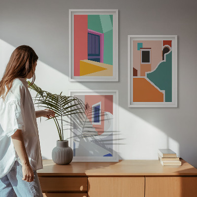 Zestaw obrazów do salonu Kolorowe ilustracje budynków