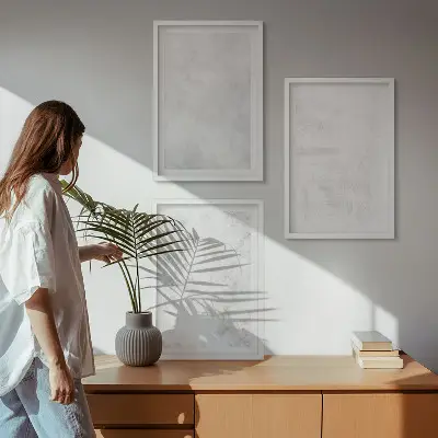 Zestaw obrazów do salonu z motywem białych minimalistycznych plam