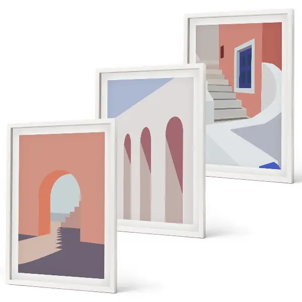 Kompozycja obrazów na ścianę ilustracje z motywem architektury w stylu minimalistycznym