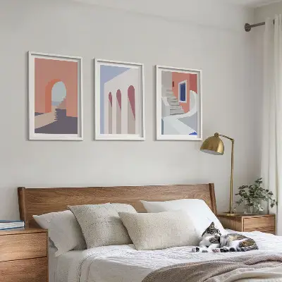 Kompozycja obrazów na ścianę ilustracje z motywem architektury w stylu minimalistycznym