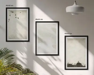 Zestaw 3 obrazów do salonu z motywem ptaków, skał i śladów pędzla