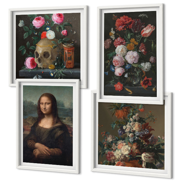 Zestaw 4 obrazów w ramie Vintage kwiaty czaszka Mona Lisa