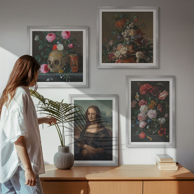 Zestaw 4 obrazów w ramie Vintage kwiaty czaszka Mona Lisa