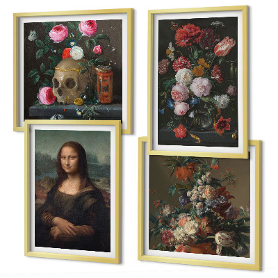 Zestaw 4 obrazów w ramie Vintage kwiaty czaszka Mona Lisa