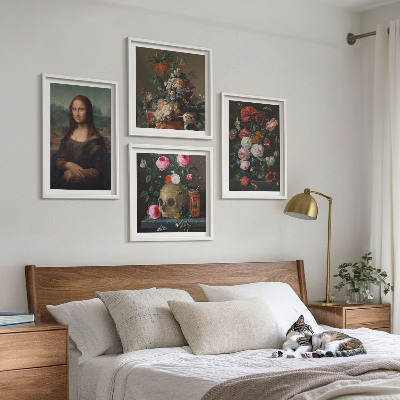 Zestaw 4 obrazów w ramie Vintage kwiaty czaszka Mona Lisa