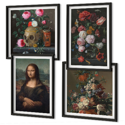 Zestaw 4 obrazów w ramie Vintage kwiaty czaszka Mona Lisa